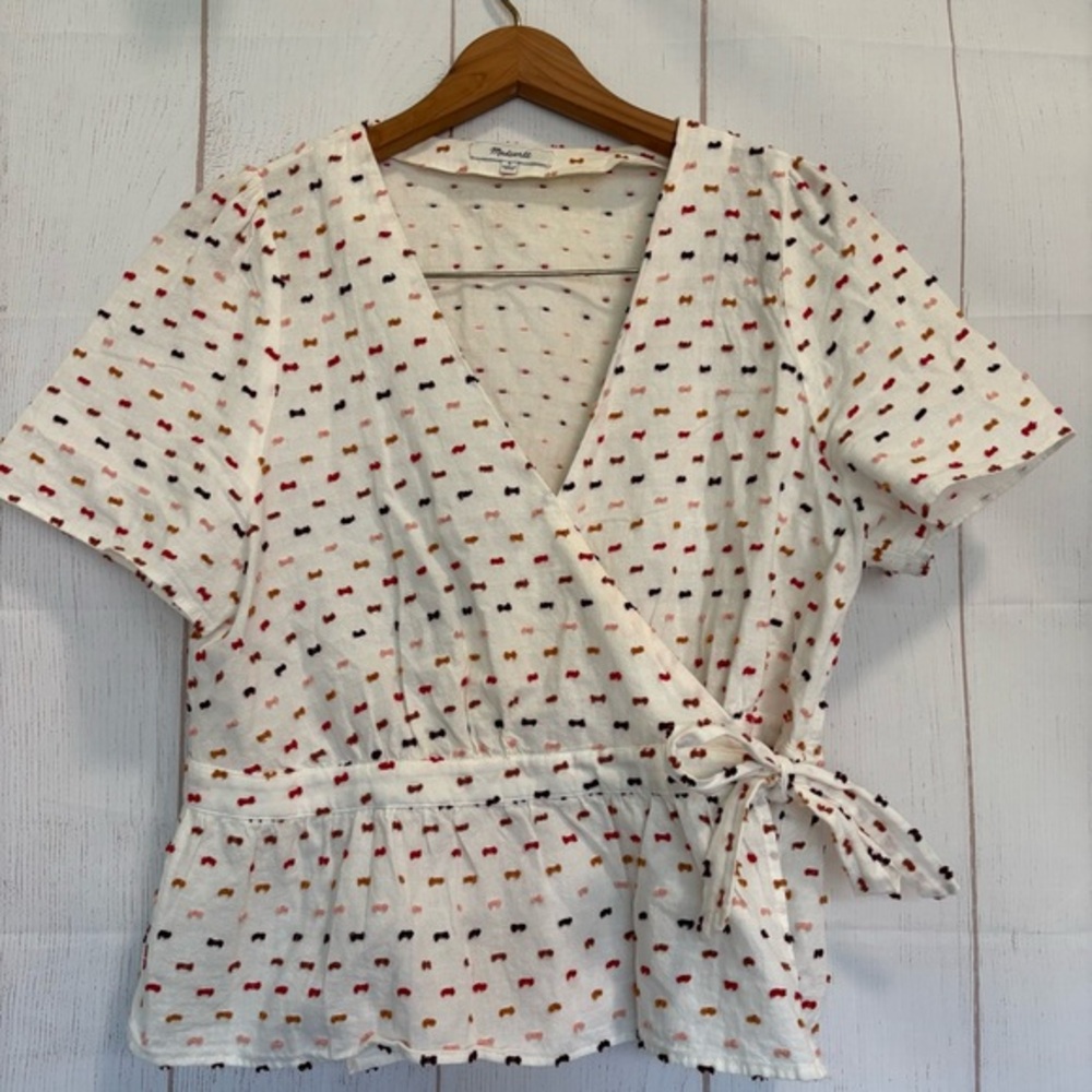 Madewell Cream Wrap Blouse with Red, Orange & Black Dot Pattern
